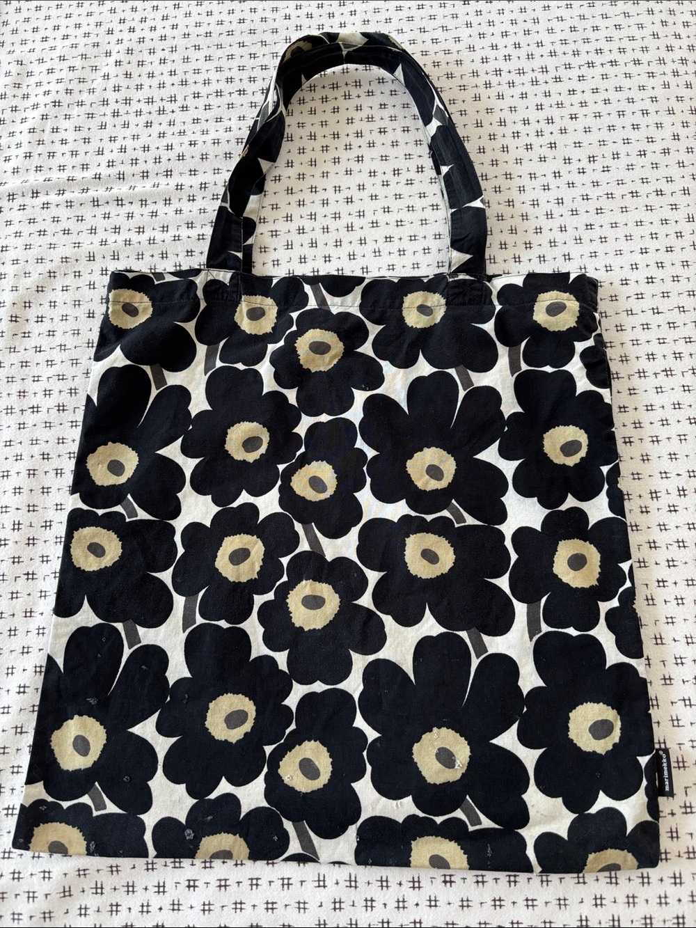Marimekko Unniko cloth bag, cotton, black/white/tan, 17.5x16.5”